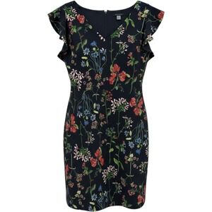 Tommy Hilfiger Dress Women 14 Navy Floral Sheath Ruffle Sleeve V-Neck 0131